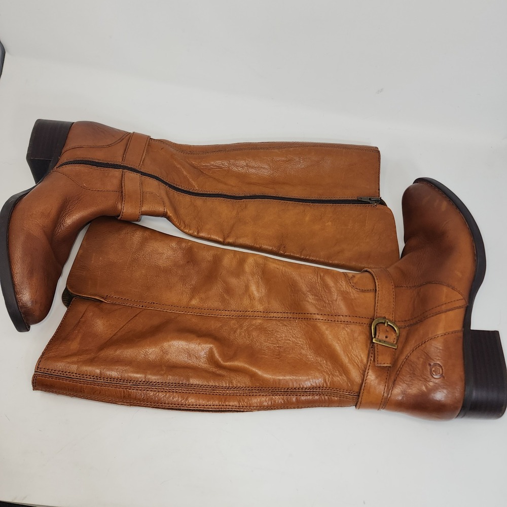 Born Leather Tall Riding Boots 10M Tan Cognac F71106 Zip Up Buckle Ankle - Picture 11 of 13